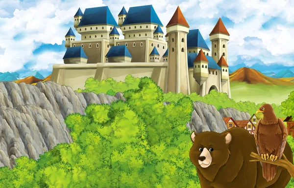 Escena de dibujos animados con castillo reino y montañas valle y oso de pie y águila sentado ilustración para niños — Foto de Stock