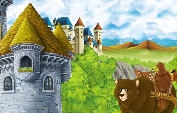 Scena del fumetto con regno castello e montagna valle e orso in piedi e aquila seduta illustrazione per bambini — Foto Stock