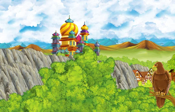 Cartoon scene met koninkrijk kasteel en bergen vallei en beer staande en adelaar zittende illustratie voor kinderen — Stockfoto
