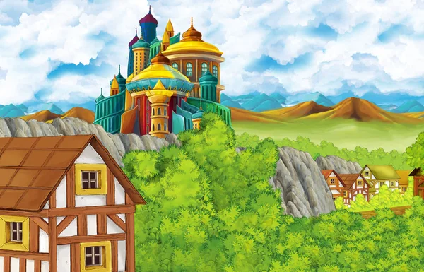 Σκηνή κινουμένων σχεδίων με κάστρο βασίλειο και τα βουνά κοιλάδα και αρκούδα στέκεται και αετός κάθεται εικονογράφηση για τα παιδιά — Φωτογραφία Αρχείου