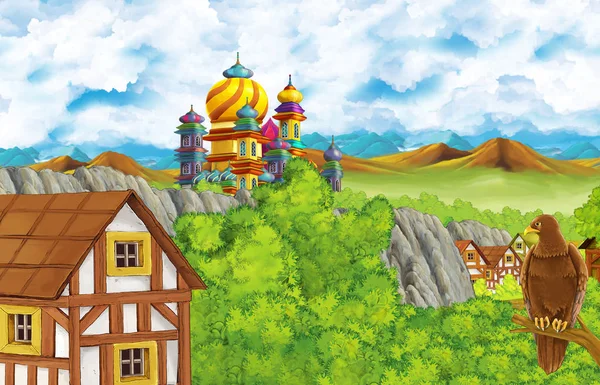 Cartoon scene with kingdom castle and mountains valley and bear standing and eagle sitting illustration for children — ストック写真