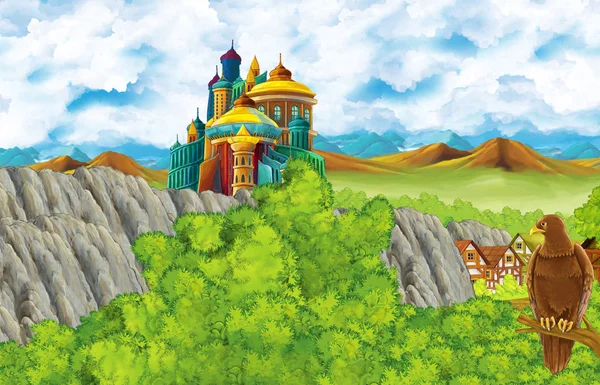 Cartoon scene with kingdom castle and mountains valley and bear standing and eagle sitting illustration for children — Stock Photo, Image