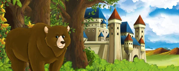 Dibujos animados escena de la naturaleza con hermoso castillo cerca del bosque con oso - ilustración — Foto de Stock