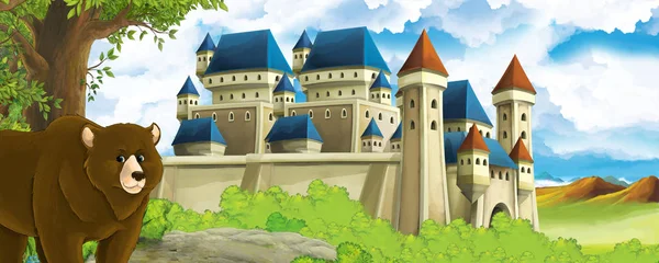 Dibujos animados escena de la naturaleza con hermoso castillo cerca del bosque con oso - ilustración — Foto de Stock