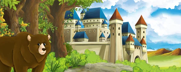 Cartoon-Natur-Szene mit wunderschönem Schloss in Waldnähe mit Bär - Illustration — Stockfoto