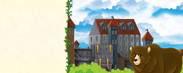 Dibujos animados escena de la naturaleza con hermoso castillo cerca del bosque con oso - ilustración para los niños —  Fotos de Stock