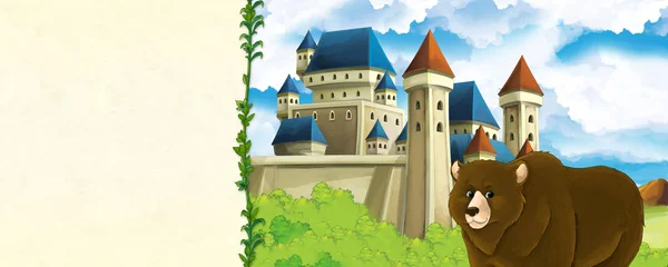 Cartoon nature scene with beautiful castle near the forest with bear - illustration — Stock Photo, Image