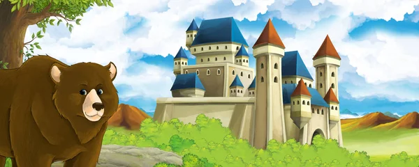 Cartoon-Natur-Szene mit wunderschönem Schloss in Waldnähe mit Bär - Illustration — Stockfoto