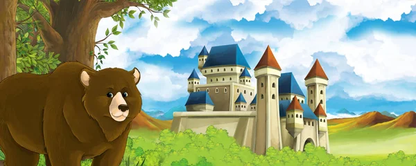 Мультфильм о природе с красивым замком рядом с лесом с медведем - иллюстрация — стоковое фото
