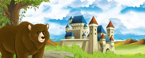 Dibujos animados escena de la naturaleza con hermoso castillo cerca del bosque con oso - ilustración — Foto de Stock