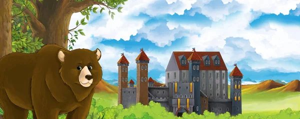 Dibujos animados escena de la naturaleza con hermoso castillo cerca del bosque con oso - ilustración — Foto de Stock