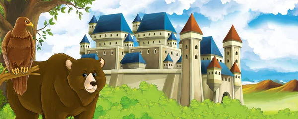 Dibujos animados escena de la naturaleza con hermoso castillo cerca del bosque con oso y el águila - ilustración para los niños — Foto de Stock