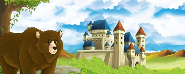 Dibujos animados escena de la naturaleza con hermoso castillo cerca del bosque con oso - ilustración — Foto de Stock