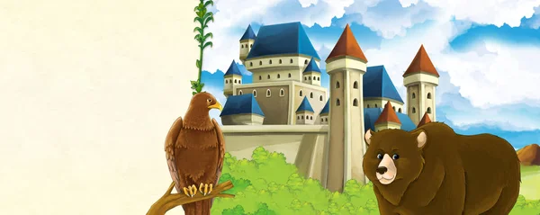 Dibujos animados escena de la naturaleza con hermoso castillo cerca del bosque con oso y el águila - ilustración para los niños — Foto de Stock