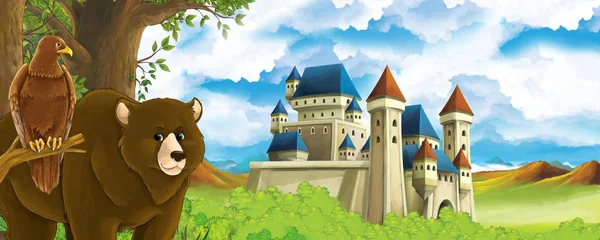 Dibujos animados escena de la naturaleza con hermoso castillo cerca del bosque con oso y el águila - ilustración para los niños — Foto de Stock