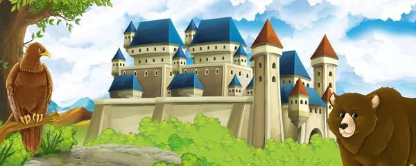 Cartoon-Naturszene mit wunderschönem Waldschloss mit Bär und Adler - Illustration für Kinder — Stockfoto