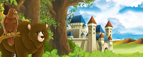 クマとワシの森の近くの美しい城と漫画の自然シーン-子供のためのイラスト — ストック写真