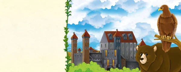 Cartoon nature scene with beautiful castle near the forest with bear and the eagle - illustration for children — Stock Photo, Image