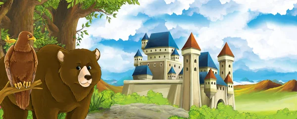クマとワシの森の近くの美しい城と漫画の自然シーン-子供のためのイラスト — ストック写真