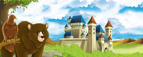 Dibujos animados escena de la naturaleza con hermoso castillo cerca del bosque con oso y el águila - ilustración para los niños — Foto de Stock