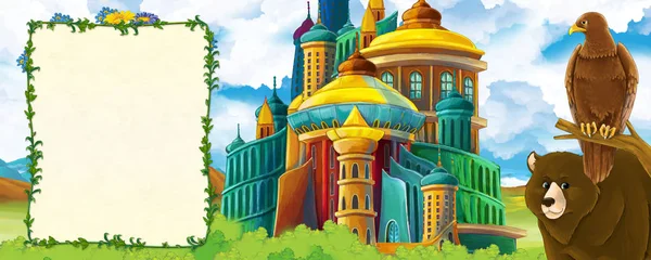 Cartoon nature scene with beautiful castle near the forest with bear and the eagle - illustration for children — 스톡 사진