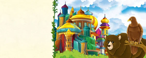 Cartoon nature scene with beautiful castle near the forest with bear and the eagle - illustration for children — Stock Photo, Image