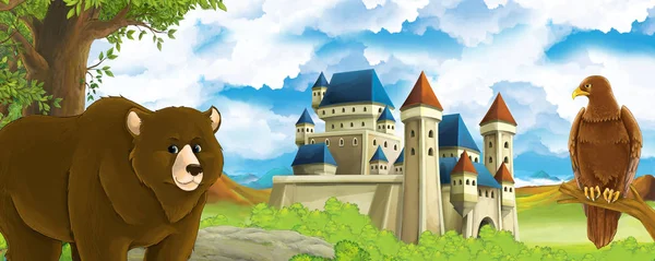 Cartoon nature scene with beautiful castle near the forest with bear and the eagle - illustration for children — Stock Photo, Image