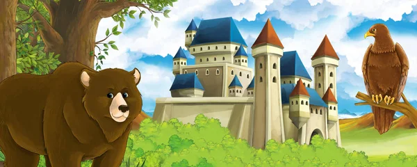 Dibujos animados escena de la naturaleza con hermoso castillo cerca del bosque con oso y el águila - ilustración para los niños — Foto de Stock