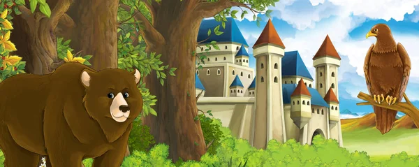 Dibujos animados escena de la naturaleza con hermoso castillo cerca del bosque con oso y el águila - ilustración para los niños — Foto de Stock