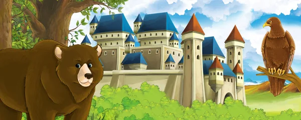 Cartoon-Natur-Szene mit wunderschönem Schloss am Waldrand - illacartoon-Natur-Szene mit wunderschönem Schloss am Waldrand mit Bär und Adler - Illustration für Kinder — Stockfoto