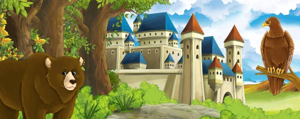 Cartoon nature scene with beautiful castle near the forest with bear and the eagle - illustration for children — 스톡 사진