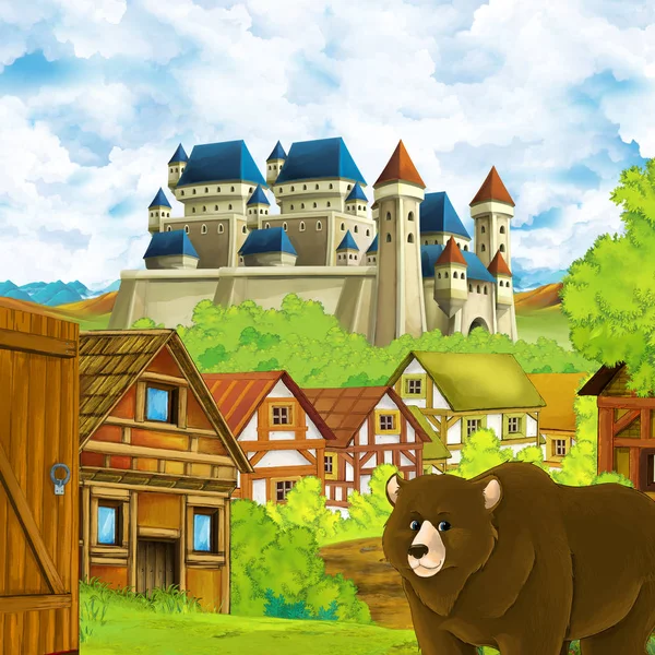 Sarjakuva kohtaus valtakunnan linna ja vuoret laakso lähellä metsää ja maatilan kylä ratkaisun karhu kävely kuvitus lapsille — kuvapankkivalokuva