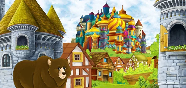 Escena de dibujos animados con el reino castillo y el valle de las montañas cerca del bosque y el poblado de la granja con oso caminando por la ilustración para los niños — Foto de Stock
