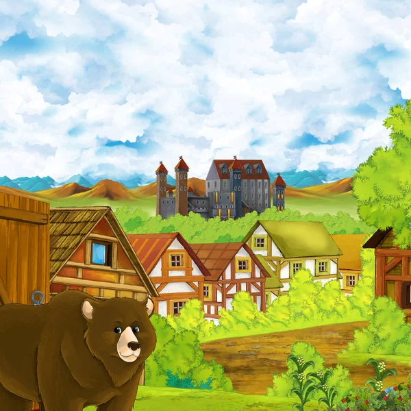 Cartoon scene with kingdom castle and mountains valley near the forest and farm village settlement with bear walking by illustration for children — 스톡 사진