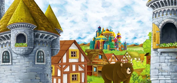 Escena de dibujos animados con el reino castillo y el valle de las montañas cerca del bosque y el poblado de la granja con oso caminando por la ilustración para los niños — Foto de Stock