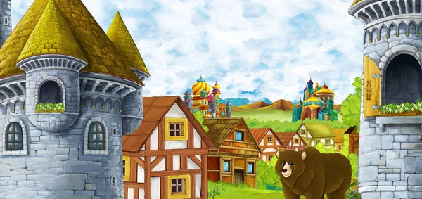 Kreslená scéna s královským hradem a horami údolí v blízkosti lesa a farmy vesnice osada s medvědem chůzi ilustrací pro děti — Stock fotografie