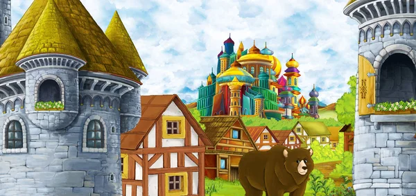 Scena de desene animate cu castel regat și valea munților în apropierea pădurii și așezarea satului de fermă cu urși de mers pe jos prin ilustrație pentru copii — Fotografie, imagine de stoc