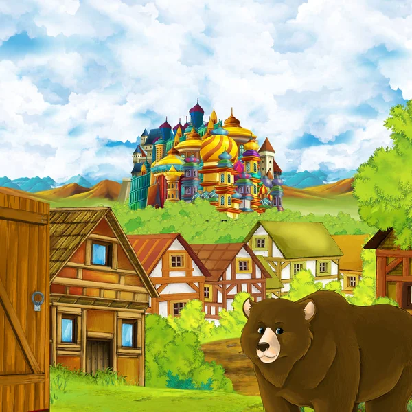 Cartoon scene met koninkrijk kasteel en bergen vallei in de buurt van het bos en boerderij dorp nederzetting met beer wandelen door illustratie voor kinderen — Stockfoto