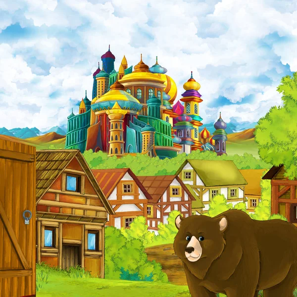 Kreslená scéna s královským hradem a horami údolí v blízkosti lesa a farmy vesnice osada s medvědem chůzi ilustrací pro děti — Stock fotografie