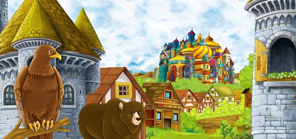 Scena del fumetto con regno castello e montagna valle vicino alla foresta e fattoria villaggio insediamento con orso passeggiando e aquila uccello illustrazione per i bambini — Foto Stock