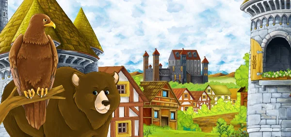 cartoon scene with kingdom castle and mountains valley near the forest and farm village settlement with bear walking by and eagle bird illustration for children