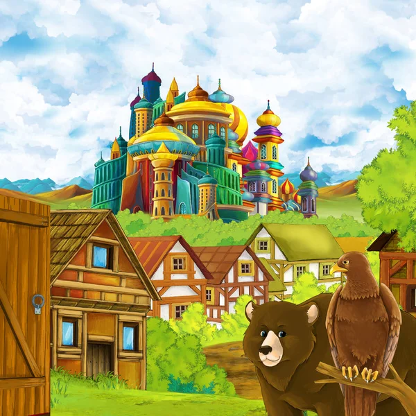 Kreslená scéna s královským hradem a horami údolí v blízkosti lesa a farmy vesnice osada s medvědem procházky a orel pták ilustrace pro děti — Stock fotografie