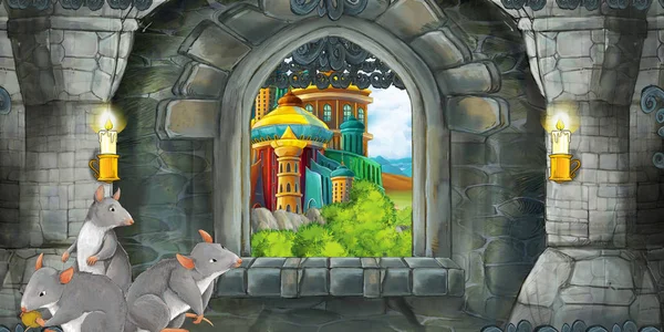 Cartoon scene of medieval castle interior with window with view and rats inside illustration for children — 스톡 사진