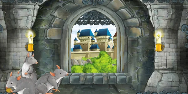 Cartoon scene of medieval castle interior with window with view and rats inside illustration for children — 스톡 사진