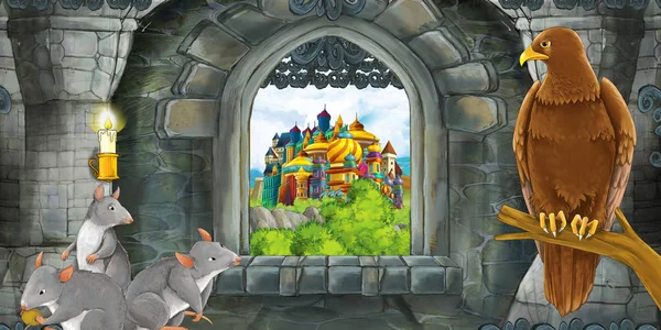 Cena dos desenhos animados do interior do castelo medieval com janela com vista — Fotografia de Stock
