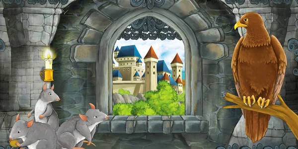Cena dos desenhos animados do interior do castelo medieval com janela com vista — Fotografia de Stock