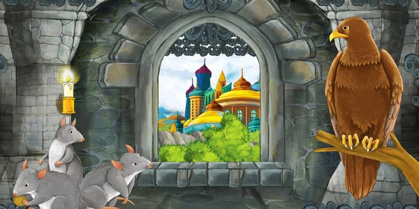 Σκηνή κινουμένων σχεδίων του μεσαιωνικού κάστρου εσωτερικό με παράθυρο με θέα — Φωτογραφία Αρχείου