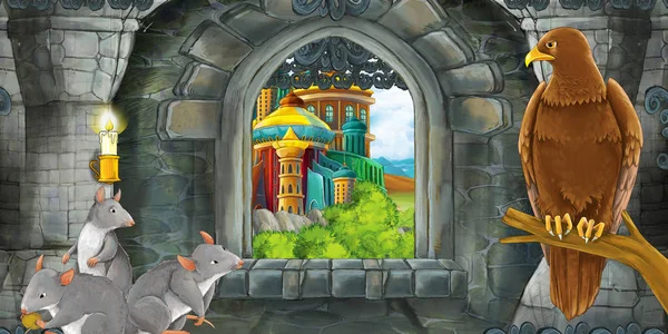 Cartoon scene of medieval castle interior with window with view — Stock Photo, Image