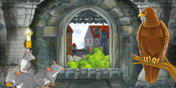Cartoon scene of medieval castle interior with window with view — Stock Photo, Image