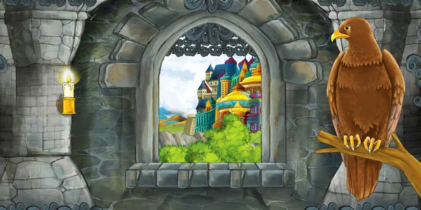 Escena de dibujos animados del interior del castillo medieval con ventana con vista a algún otro castillo y águila sentada - ilustración para niños — Foto de Stock